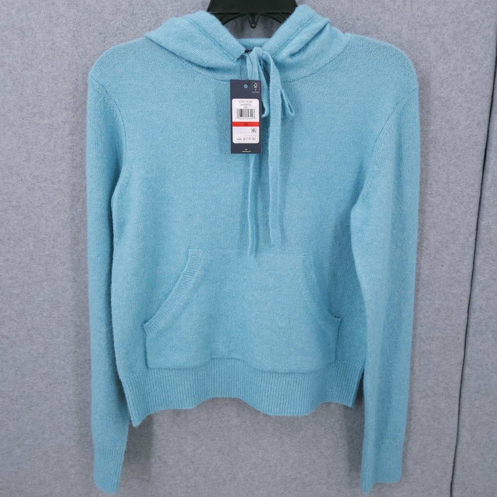 Tommy Hilfiger Knit Fuzzy Drawstring Light Blue Pullover Sweater Womens Size XS